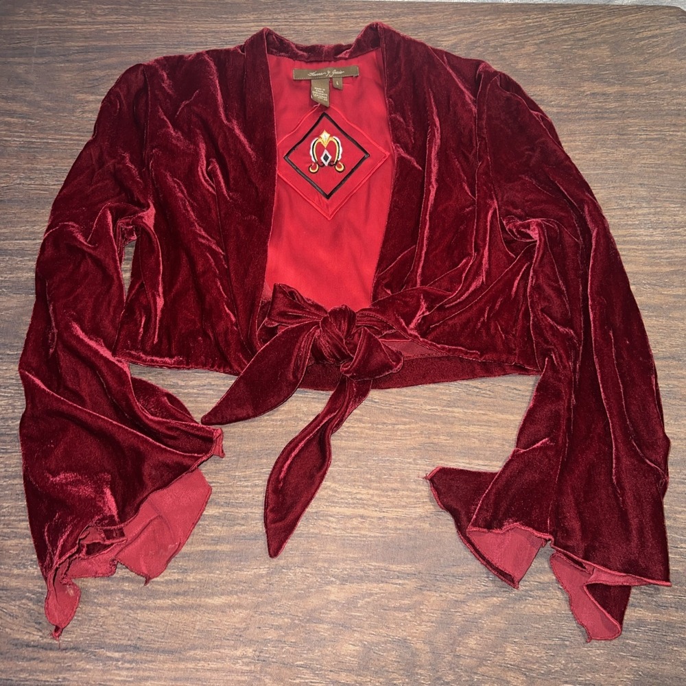 Hanna & Gracie Red Velvet Velour Crop Bell Sleeve Shrug Tie Front Womens Large